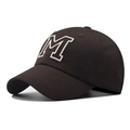 Dark brown cotton baseball cap with white 3D embroidered M letter on front - Caramel color