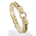 Bracelet punk en acier inoxydable doré avec double tête de loup et chaîne cubaine - Doré