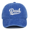 Close-up of the vintage washed blue cotton fabric with detailed white Dad embroidery - Royal Blue (Dad)