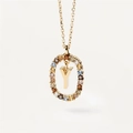 Golden necklace with letter Y pendant and multi-color zircon stones in oval frame - Gold Y