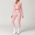 Ensemble de sport 3 pièces rose sans couture avec veste, brassière et legging - S / Haut Et Bas / Ensemble 3 Pièces (Soutien-Gorge+Pantalon+Veste) / Rose Pêche