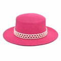 Detail of rose red flat top straw hat featuring elegant triple-row pearl beaded band - M (56-58cm) / Rose Red