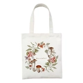 White canvas tote bag with December botanical mushroom wreath and shoulder straps - December Forest Wreath (STD2-W)