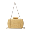 Dettaglio di una pochette da sera intrecciata beige con chiusura metallica cilindrica dorata - Oro