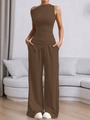 Detail of dark brown one-shoulder top and high-waist wide-leg pants two-piece set - S / Brown
