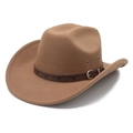 Classic khaki wool western cowboy hat with wide brim and bull head pattern leather band - M (56-58cm) / Khaki