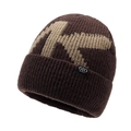 Dark brown knitted beanie with khaki abstract pattern and fold-over cuff design - One Size / Coffee
