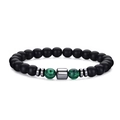 Beaded bracelet with black matte beads, green malachite accents and silver metal charms - Matte Black Agate and Malachite Mix