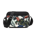 Black oxford crossbody bag with vibrant tropical leaf prints and adjustable strap - Colorful Feathers