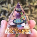 Handmade resin crystal pyramid with amethyst sphere, mandala pattern and gold leaf detail - Cat Eye Purple Ball Mandala / Small