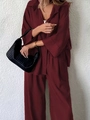 Women's burgundy two-piece loose shirt and high-waist wide-leg pants set for summer - S / Burgundy
