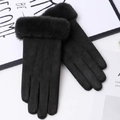 Detail of black suede gloves with plush cuffs and touch screen compatible fingertips - One Size / Black (Triple Line)