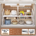 White expandable under sink organizer rack with two metal mesh baskets and two shelves - Single Tier 2 Boards 2 Baskets / Classic White