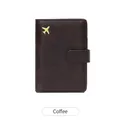 Dark coffee brown leather RFID passport holder with airplane icon and secure snap closure - Coffee