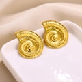 Close-up of gold nautilus spiral earrings on a white ceramic tray with soft lighting - French Retro Spiral Nautilus Stud Earrings(G813E5192)