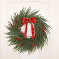 Detailed view of Christmas pine wreath with red berries and golden-edge bow decoration - No Light Style