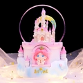 Pink and white castle crystal ball music box with a cute girl and rainbow on a shine base - Large 100mm Snow + Light / Pink