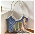 Artistic oil painting canvas tote bag detail on wood table with newsprint backdrop - Style 4 (Artistic Portrait)
