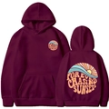 Burgundy hoodie with sunset print and Forever Chasing Sunsets text, front and back view - Burgundy