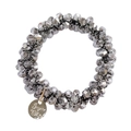 Detail of silver-grey crystal beaded hair tie with an engraved golden metal charm tag - 10# Dark Grey Crystal Hair Tie