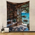 Detail view of Bohemian tapestry featuring a cozy study room with a scenic ocean view - Gt202456