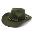 Detail of army green wool felt cowboy hat with star-studded brown leather band - Army Green