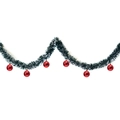 2-meter green Christmas tinsel garland with white edges and six shiny red ball ornaments - Dark Green White Edge + 6 Red Balls