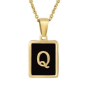 18K gold plated stainless steel square necklace featuring a black enamel letter Q pendant - Gold Letter Q (With Chain)