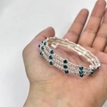 Three-layer silver bangle with micro-set zircons and deep blue crystal accents - Blue Zirconia Silver Triple Layer Bracelet (C1086)