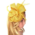Elegant yellow fascinator hat with mesh flowers and feathers for wedding parties - Yellow