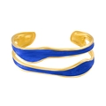 Artistic double-layer wavy open bangle in royal blue enamel and gold stainless steel finish - Blue