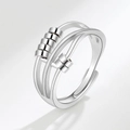 Silver fidget ring for anxiety relief with sliding metal beads and adjustable open band - Multi-layer Sliding Beads Style (AJ094)