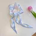 Elegant tulip print silk scarf with light blue border in a long diamond shape - Ice Blue Mixed Tulip