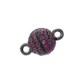 Detailed view of spherical magnetic clasp with purple crystals and gun black finish - 6mm Gun Black Rose Red Zirconia