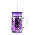 Double-walled plastic mason jar with handle and purple heart-shaped sequins inside - Transparent Glitter Purple