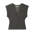 Detail of grey V-neck vest showing three-button closure and tailored suit fabric texture - XS / Solid Color Top