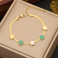 Golden snake chain bracelet with green malachite and white shell four-leaf clover charms - 2# Bracelet