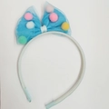 Blue mesh bow headband for girls with colorful pom poms on a light blue band - Blue Headband / Blue