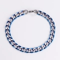 Detailed view of 7mm blue and silver stainless steel flat curb link chain bracelet - Brushed Cuban Link Style / Blue Bracelet