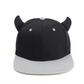 Flat brim baseball cap in black and grey featuring stylish 3D devil horn decorations - Gray Brim Black Hat