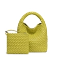 Lemon green woven leather tote bag set with a matching small zip pouch and top handles - Fennel Green