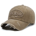 Casquette vintage en coton marron délavé avec broderie New Orleans et détails déchirés - Kaki