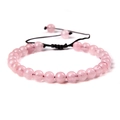 Detail of pink natural stone beaded bracelet with adjustable black braided cord - 6mm / Rose Quartz
