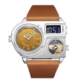 Gold-tone case Oulm sports watch with multi-timezone dual display and brown leather strap - Silver Case Brown Dial