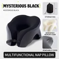 Mystery Black U-shaped memory foam travel pillow with adjustable buckle and storage bag - Mysterious Black With Black Storage Bag