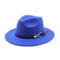 Detail of royal blue wool fedora hat with black leather band and gold metal buckle - M (56-58cm) / Blue