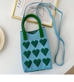Blue knitted tote bag with green heart patterns and adjustable long strap - Heart Pattern Blue