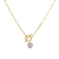 18K gold plated brass necklace with amethyst heart pendant and pavé OT toggle clasp - Gold Purple Zirconia
