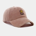 Detail of sunshine embroidery and distressed brim on washed cotton baseball cap - Adjustable / Pink
