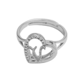 Silver heart-shaped open ring with small crystals and cursive alphabet texture - Initial V (Silver Ring V) / Silver
